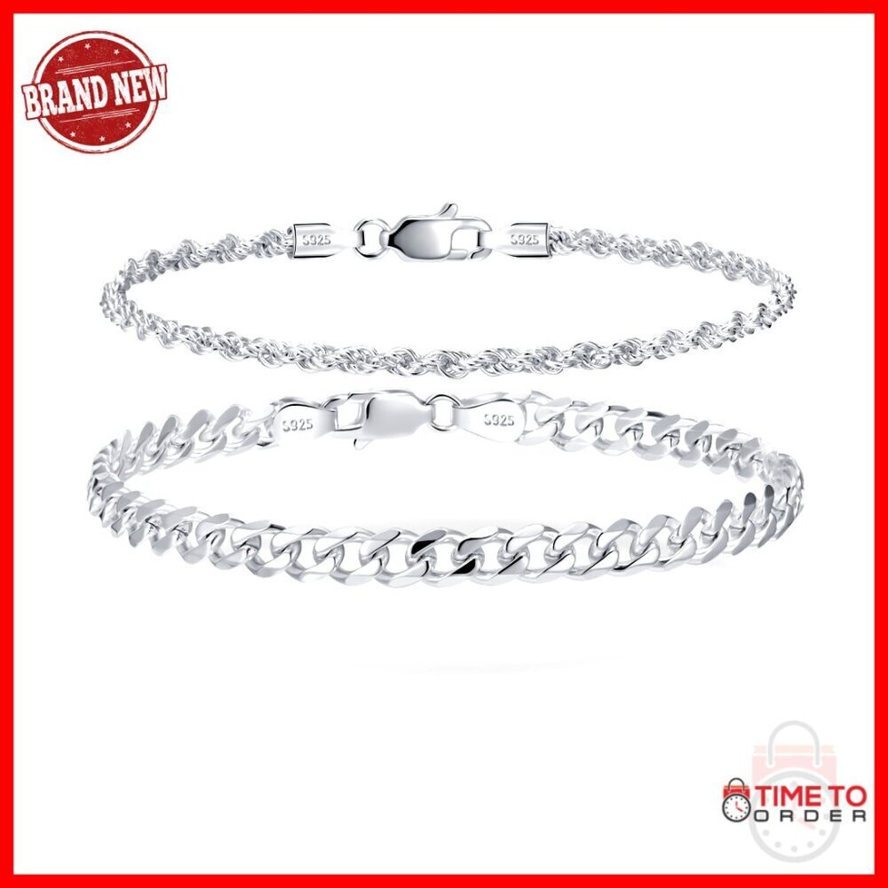 Sterling Silver Cuban Link & Rope Chain Bracelet Set, 8.5 Inch